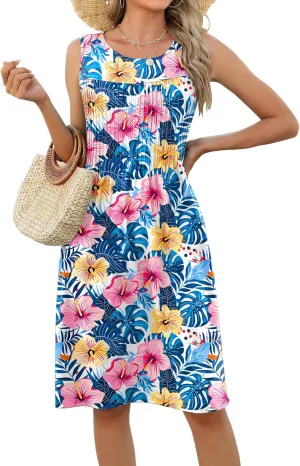 LOMON Womens Casual Summer Dresses Floral Beach Sleeveless Crewneck Pleated Tshirt Sundresses with Pockets