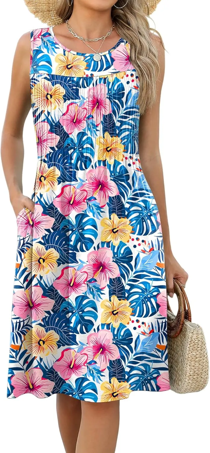 LOMON Womens Casual Summer Dresses Floral Beach Sleeveless Crewneck Pleated Tshirt Sundresses with Pockets