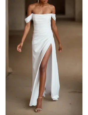 Luolandi Engagement Little White Dresses Simple Wedding Dresses Sheath / Column Off Shoulder Sleeveless Sweep / Brush Train Satin Bridal Gowns With Split
