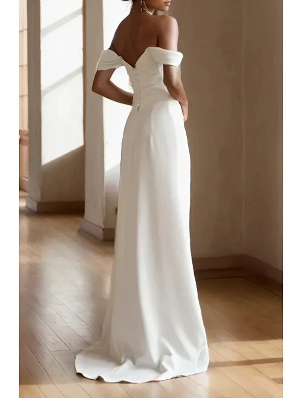 Luolandi Engagement Little White Dresses Simple Wedding Dresses Sheath / Column Off Shoulder Sleeveless Sweep / Brush Train Satin Bridal Gowns With Split