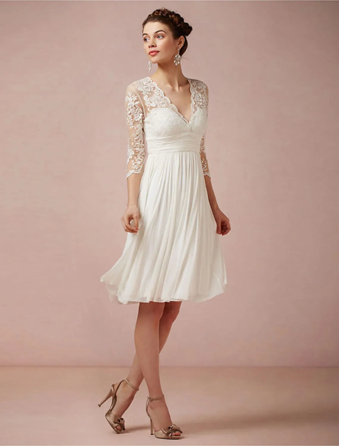 Luolandi Reception Open Back Little White Dresses Wedding Dresses A-Line V Neck 3/4 Length Sleeve Knee Length Chiffon Bridal Gowns