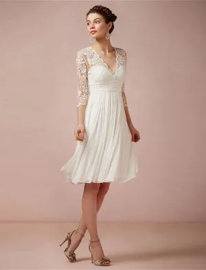 Luolandi Reception Open Back Little White Dresses Wedding Dresses A-Line V Neck 3/4 Length Sleeve Knee Length Chiffon Bridal Gowns