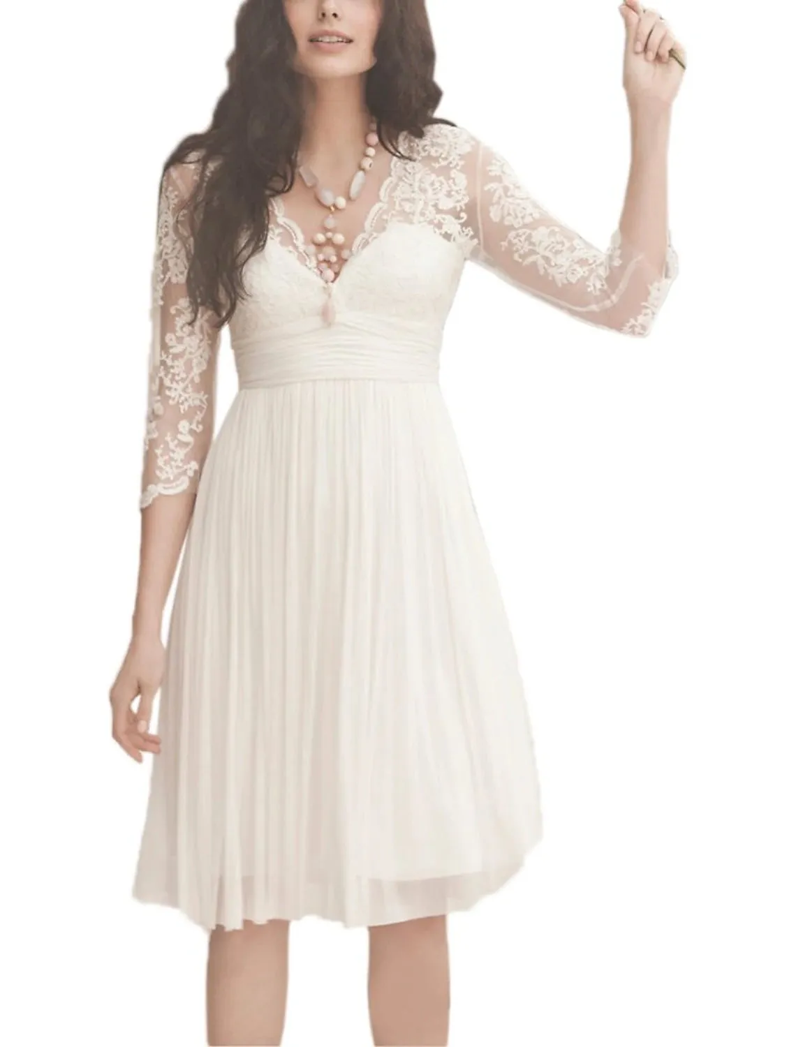 Luolandi Reception Open Back Little White Dresses Wedding Dresses A-Line V Neck 3/4 Length Sleeve Knee Length Chiffon Bridal Gowns