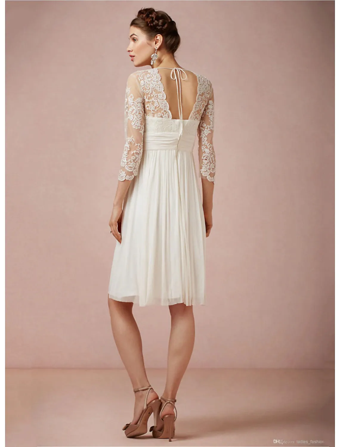 Luolandi Reception Open Back Little White Dresses Wedding Dresses A-Line V Neck 3/4 Length Sleeve Knee Length Chiffon Bridal Gowns