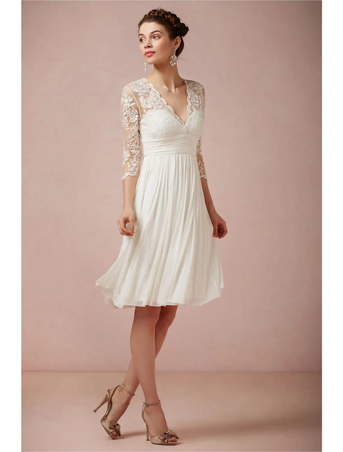 Luolandi Reception Open Back Little White Dresses Wedding Dresses A-Line V Neck 3/4 Length Sleeve Knee Length Chiffon Bridal Gowns