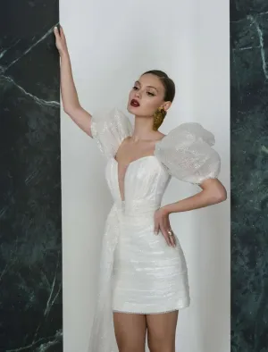 Luolandi Reception Sparkle & Shine Little White Dresses Wedding Dresses Sheath / Column V Neck Short Sleeve Short / Mini Sequined Bridal Gowns With Ruched