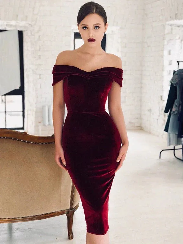Luolandi Sheath/Column Velvet Ruched Off-the-Shoulder Sleeveless Tea-Length Dresses Party Dresses