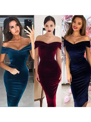 Luolandi Sheath/Column Velvet Ruched Off-the-Shoulder Sleeveless Tea-Length Dresses Party Dresses