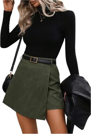 MakeMeChic Women's Asymmetrical Hem Shorts Wrap Front Plain Zip Fly Work Business Corduroy Skorts