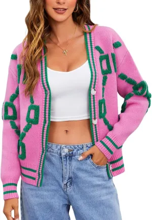 MakeMeChic Women's Button Down Cardigan Sweaters Graphic Print Long Sleeve V Neck Sweaters