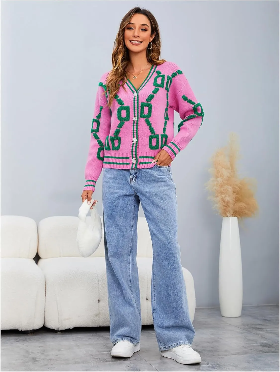 MakeMeChic Women's Button Down Cardigan Sweaters Graphic Print Long Sleeve V Neck Sweaters