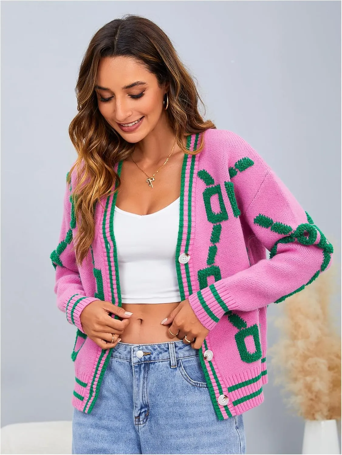 MakeMeChic Women's Button Down Cardigan Sweaters Graphic Print Long Sleeve V Neck Sweaters