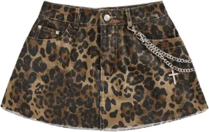 MakeMeChic Women's Cheetah Print Denim Cargo Skirt Chain Raw Trim Y2k Mini Skirts