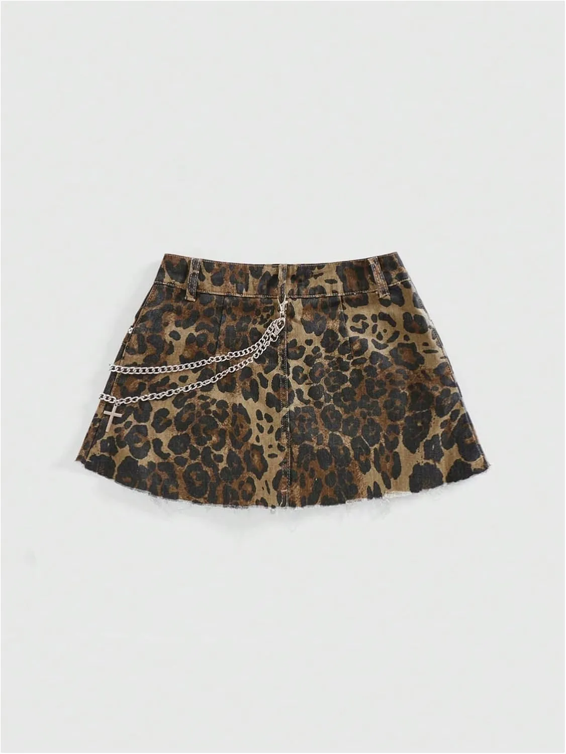 MakeMeChic Women's Cheetah Print Denim Cargo Skirt Chain Raw Trim Y2k Mini Skirts