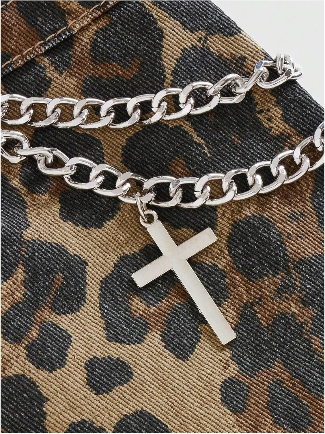 MakeMeChic Women's Cheetah Print Denim Cargo Skirt Chain Raw Trim Y2k Mini Skirts