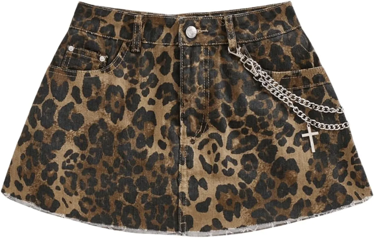 MakeMeChic Women's Cheetah Print Denim Cargo Skirt Chain Raw Trim Y2k Mini Skirts
