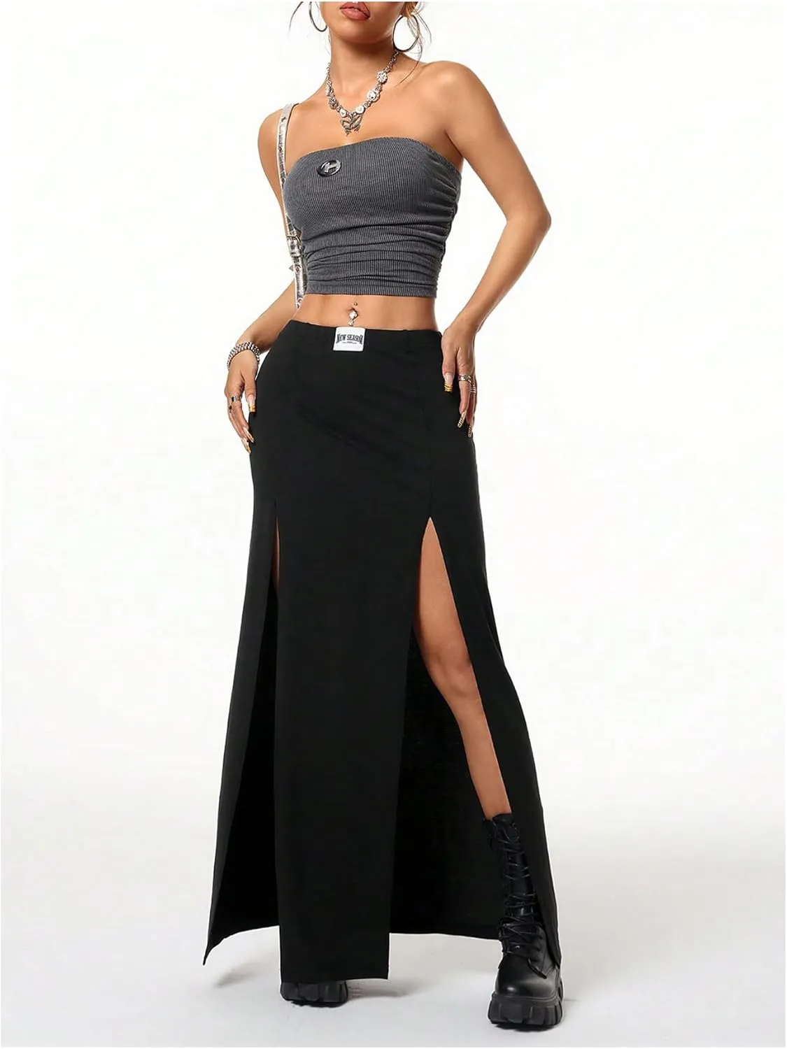 MakeMeChic Women's Elastic Waist High Split Maxi Skirts Sexy Goth Party Long Skirts