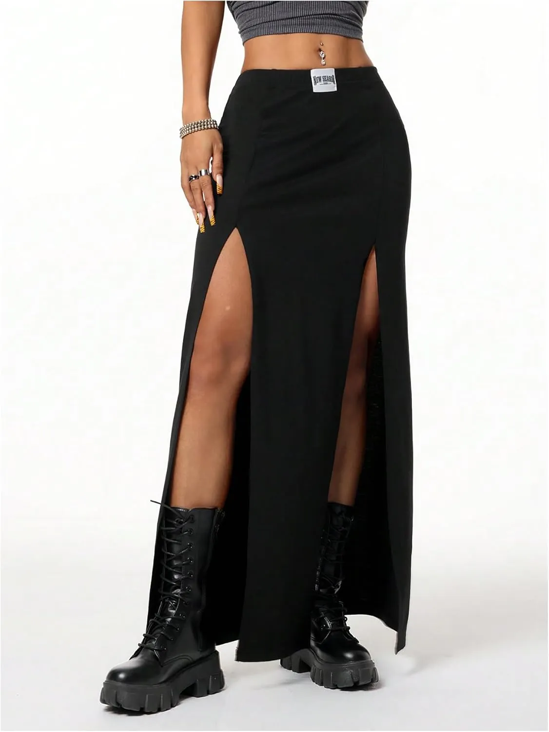 MakeMeChic Women's Elastic Waist High Split Maxi Skirts Sexy Goth Party Long Skirts