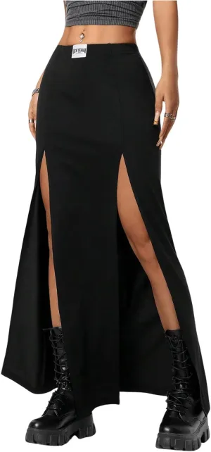 MakeMeChic Women's Elastic Waist High Split Maxi Skirts Sexy Goth Party Long Skirts