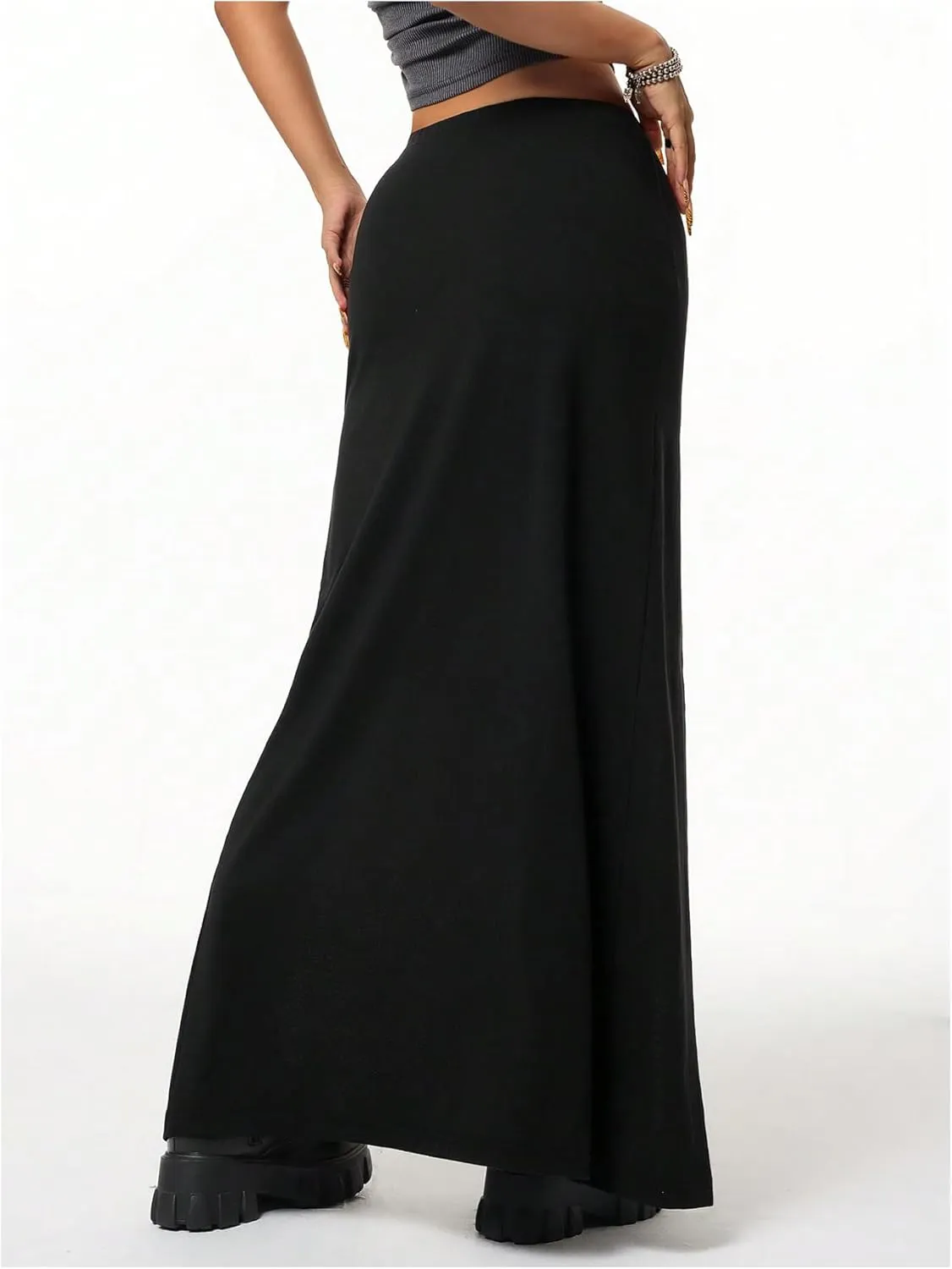 MakeMeChic Women's Elastic Waist High Split Maxi Skirts Sexy Goth Party Long Skirts