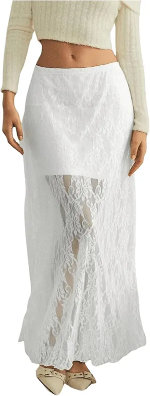 MakeMeChic Women's Floral Lace High Waist Lettuce Trim Loose Fit Sheer Long Maxi Skirts