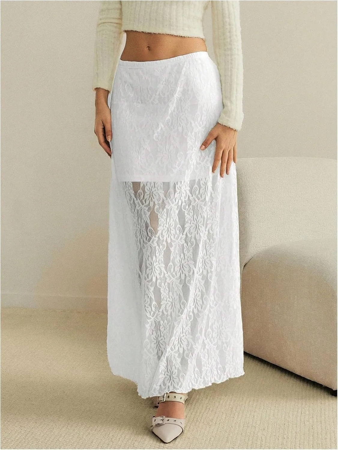 MakeMeChic Women's Floral Lace High Waist Lettuce Trim Loose Fit Sheer Long Maxi Skirts