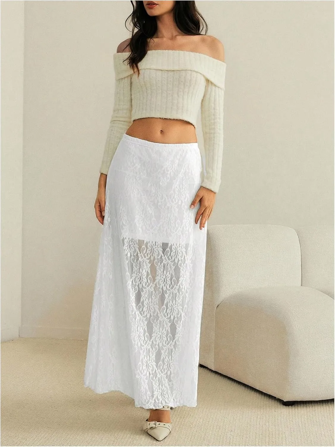 MakeMeChic Women's Floral Lace High Waist Lettuce Trim Loose Fit Sheer Long Maxi Skirts