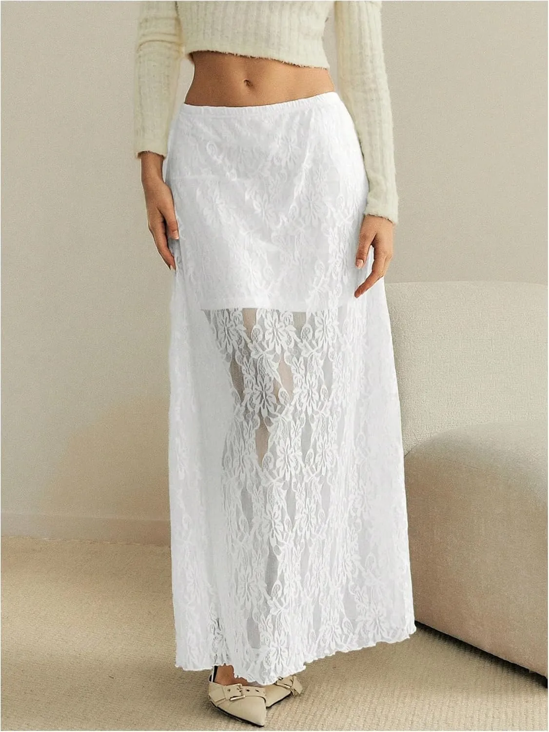 MakeMeChic Women's Floral Lace High Waist Lettuce Trim Loose Fit Sheer Long Maxi Skirts