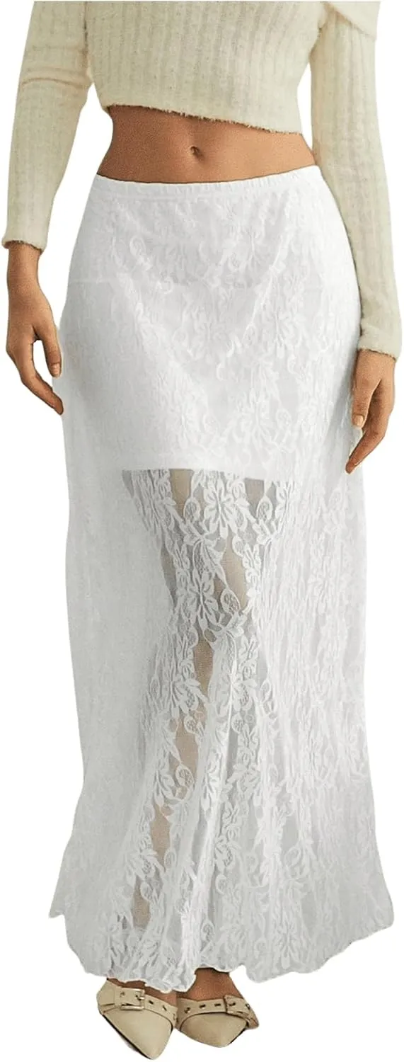 MakeMeChic Women's Floral Lace High Waist Lettuce Trim Loose Fit Sheer Long Maxi Skirts