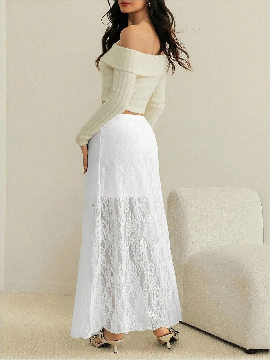 MakeMeChic Women's Floral Lace High Waist Lettuce Trim Loose Fit Sheer Long Maxi Skirts