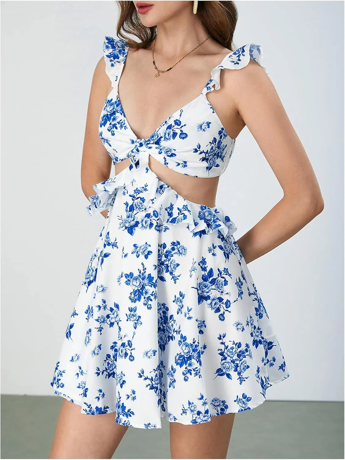MakeMeChic Women's Floral Print Ruffle Mini Dress Sleeveless Shirred A Line Dresses