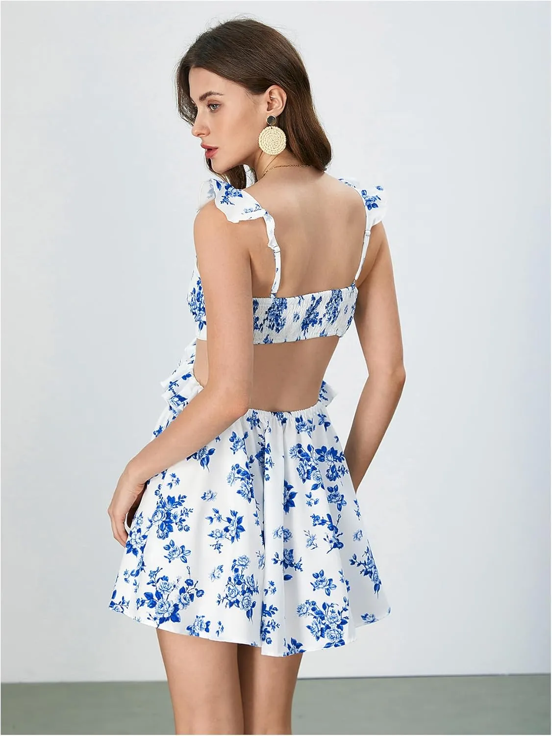 MakeMeChic Women's Floral Print Ruffle Mini Dress Sleeveless Shirred A Line Dresses