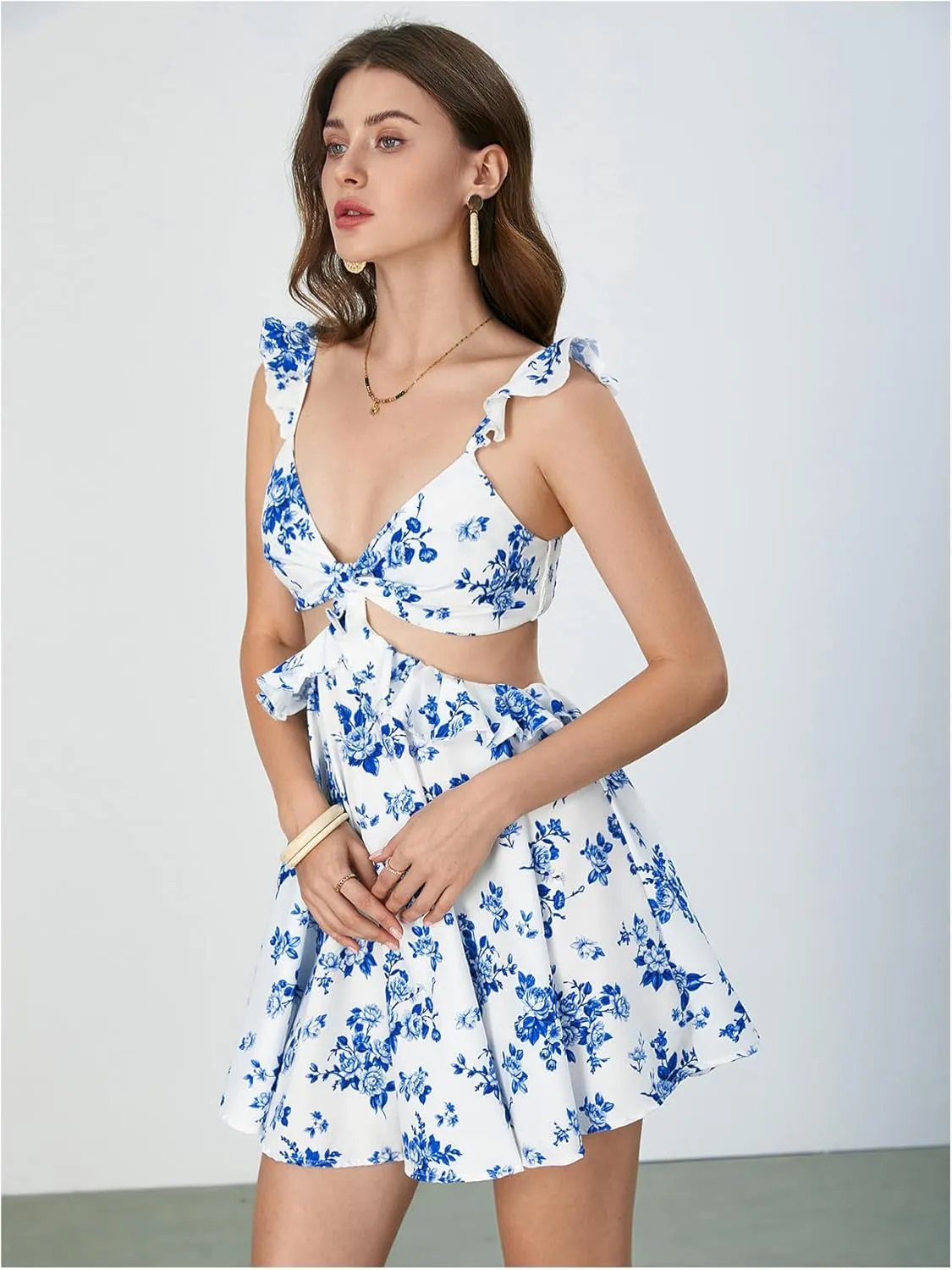 MakeMeChic Women's Floral Print Ruffle Mini Dress Sleeveless Shirred A Line Dresses