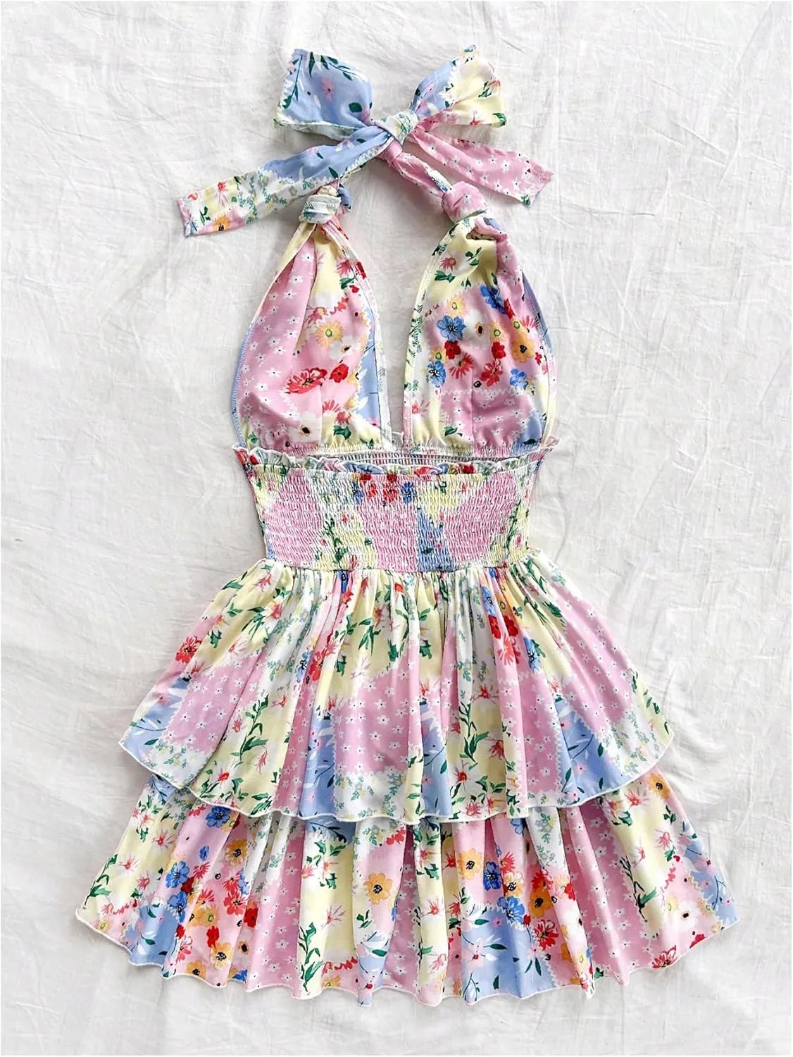 MakeMeChic Women's Floral Shirred Mini Dress Halter Ruffle Tiered Boho Summer Dresses