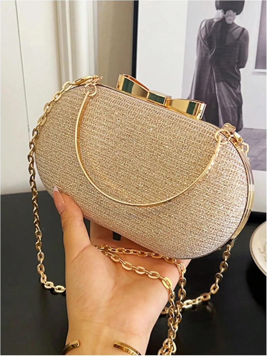 MakeMeChic Women's Glitter Mini Evening Handbags Chain Strap Metallic Clutch Purse Shoulder Bags