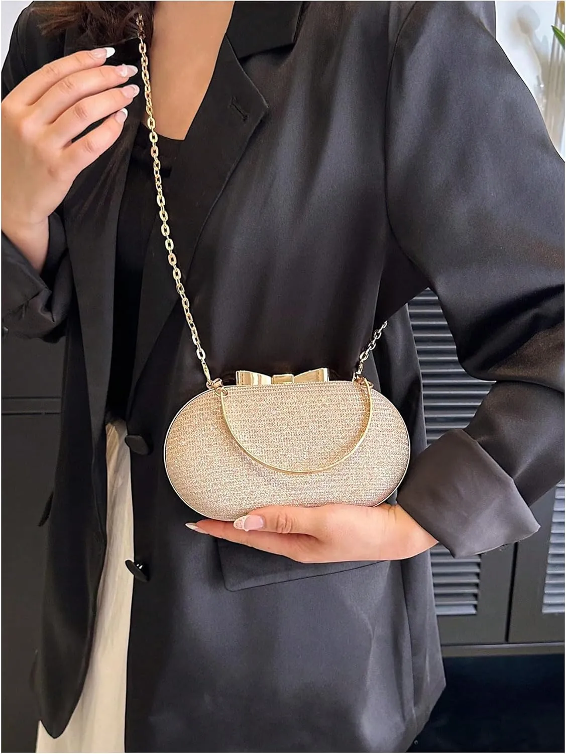 MakeMeChic Women's Glitter Mini Evening Handbags Chain Strap Metallic Clutch Purse Shoulder Bags