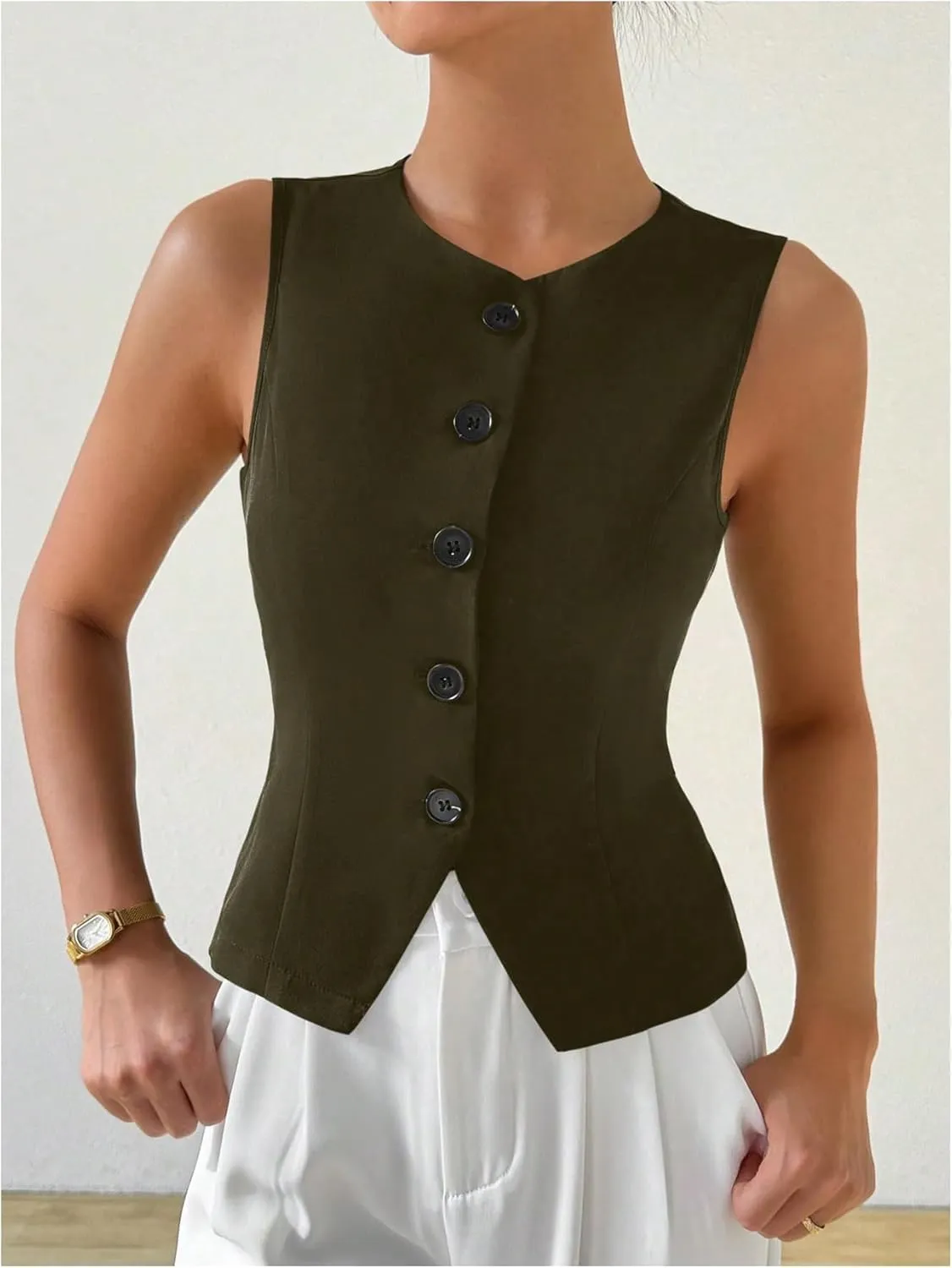 MakeMeChic Women's Sleeveless Single Breasted Blazer Round Neck Asymmetrical Hem Blazer Vest