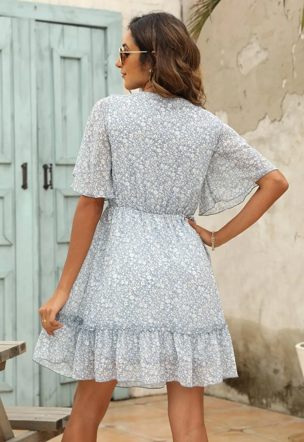 Manydress Women's Chiffon Floral Print V Neck Casual Mini Boho Ruffle Swing Dress MY068
