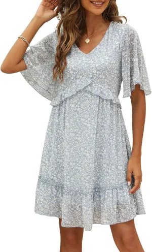 Manydress Women's Chiffon Floral Print V Neck Casual Mini Boho Ruffle Swing Dress MY068