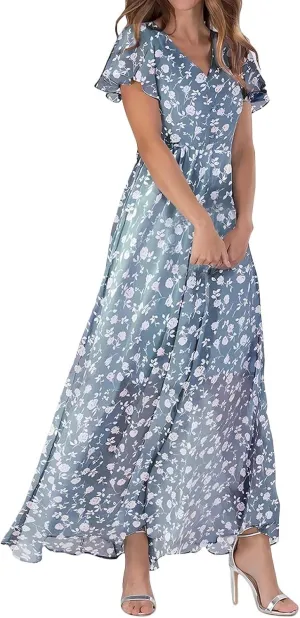 Maxi Dresses for Women plus Size Floral V Neck Short Sleeved Long Dress Summer Dresses for Women Beach with Sleeves