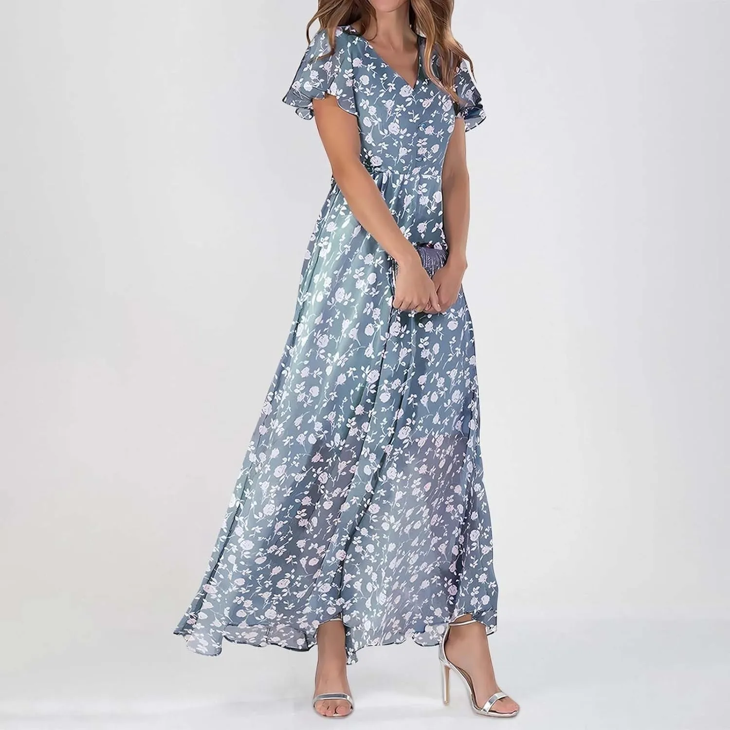 Maxi Dresses for Women plus Size Floral V Neck Short Sleeved Long Dress Summer Dresses for Women Beach with Sleeves