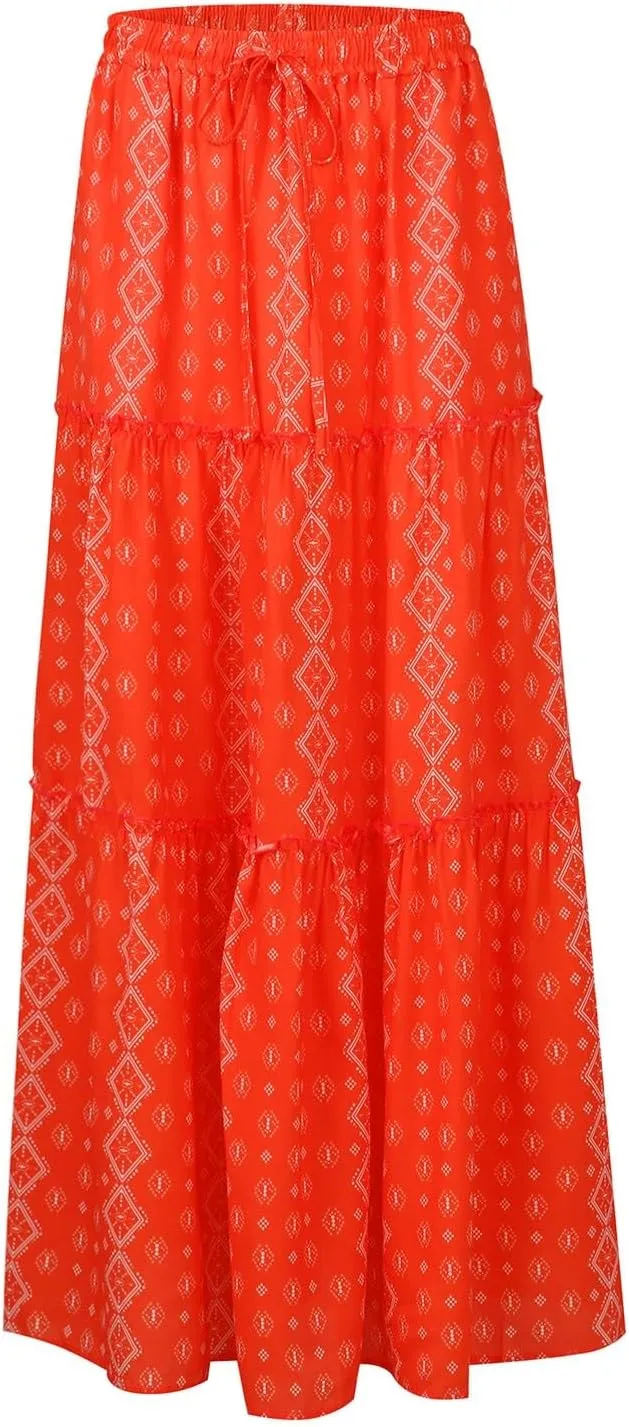 Maxi Skirts for Women Boho Flowy High Waisted Tiered Long Floral Skirts Ladies Casual Bohemian Summer Clothes 2025