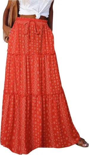 Maxi Skirts for Women Boho Flowy High Waisted Tiered Long Floral Skirts Ladies Casual Bohemian Summer Clothes 2025