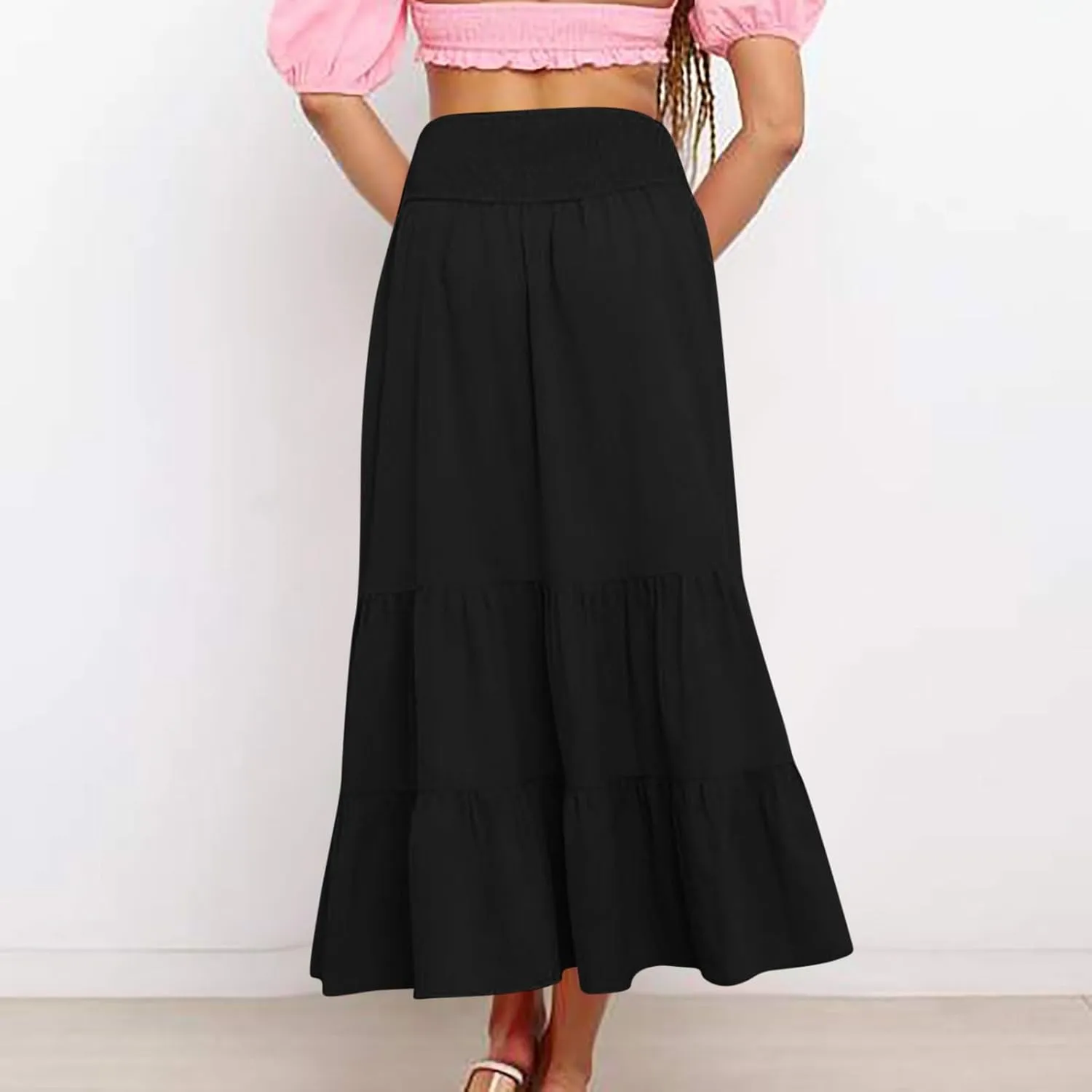 Maxi Skirts for Women Solid Color Ruffle Tiered Pleated Elastic High Waisted Skirt Summer Casual Flowy A Line Skirts