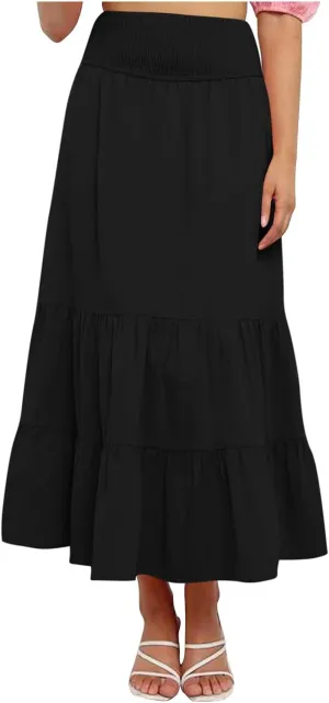 Maxi Skirts for Women Solid Color Ruffle Tiered Pleated Elastic High Waisted Skirt Summer Casual Flowy A Line Skirts