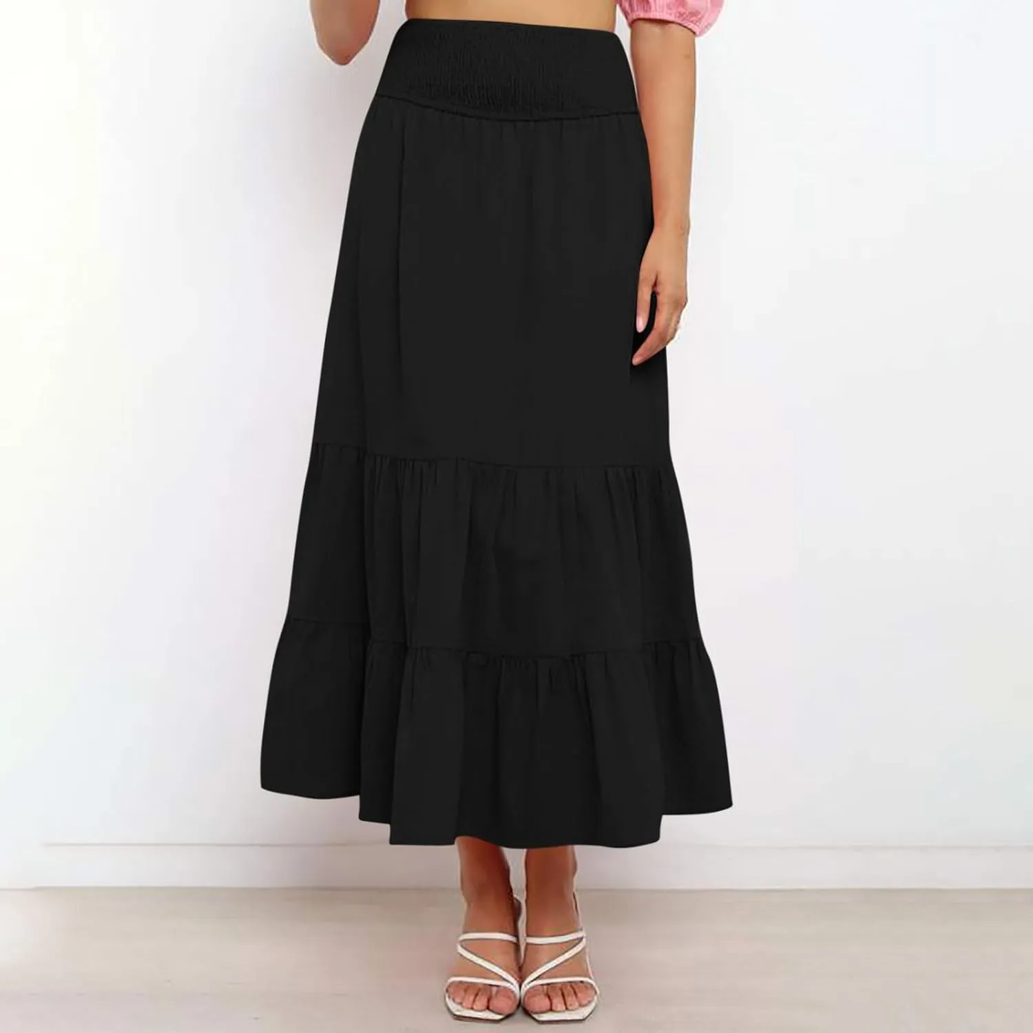 Maxi Skirts for Women Solid Color Ruffle Tiered Pleated Elastic High Waisted Skirt Summer Casual Flowy A Line Skirts