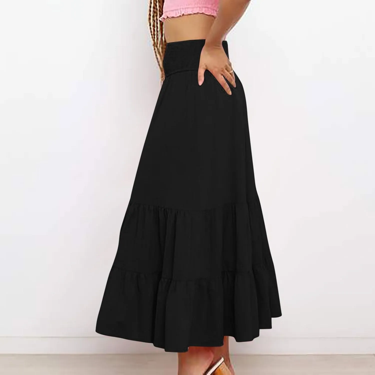 Maxi Skirts for Women Solid Color Ruffle Tiered Pleated Elastic High Waisted Skirt Summer Casual Flowy A Line Skirts