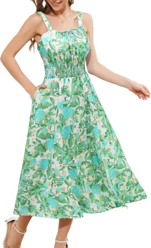 Meetjen Women's Floral Summer Beach Dress Midi Casual Wedding Guest Flowy 2025 Boho Vacation Sun Dresses with Pockets