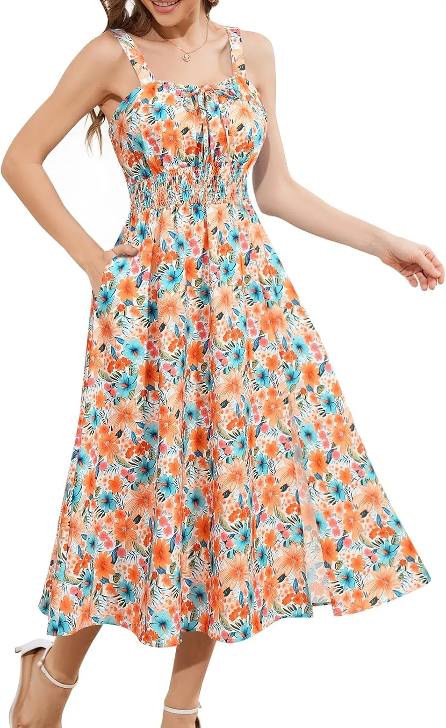 Meetjen Women's Floral Summer Beach Dress Midi Casual Wedding Guest Flowy 2025 Boho Vacation Sun Dresses with Pockets