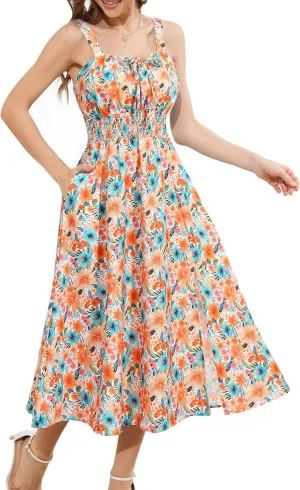 Meetjen Women's Floral Summer Beach Dress Midi Casual Wedding Guest Flowy 2025 Boho Vacation Sun Dresses with Pockets